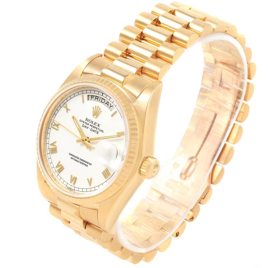 This image shows a Rolex President 18038 Men's Yellow Gold White Dial 18038 Men's Yellow Gold White Dial model watch at a three-quarter angle, highlighting the dial, case, and bracelet.
