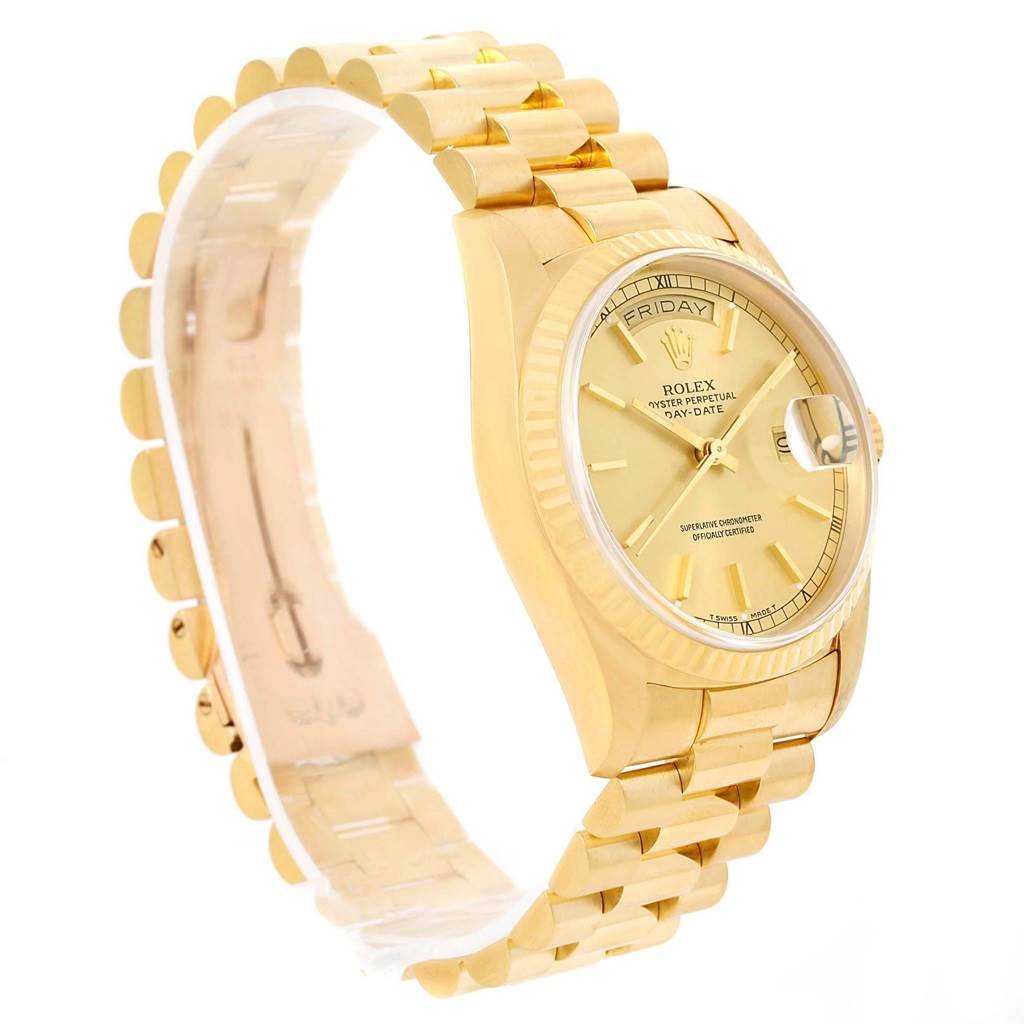 The Rolex President 18238 Men's Yellow Gold Champagne Dial 18238 Men's Yellow Gold Champagne Dial model watch is shown at a side angle, highlighting its gold bracelet, bezel, and dial.