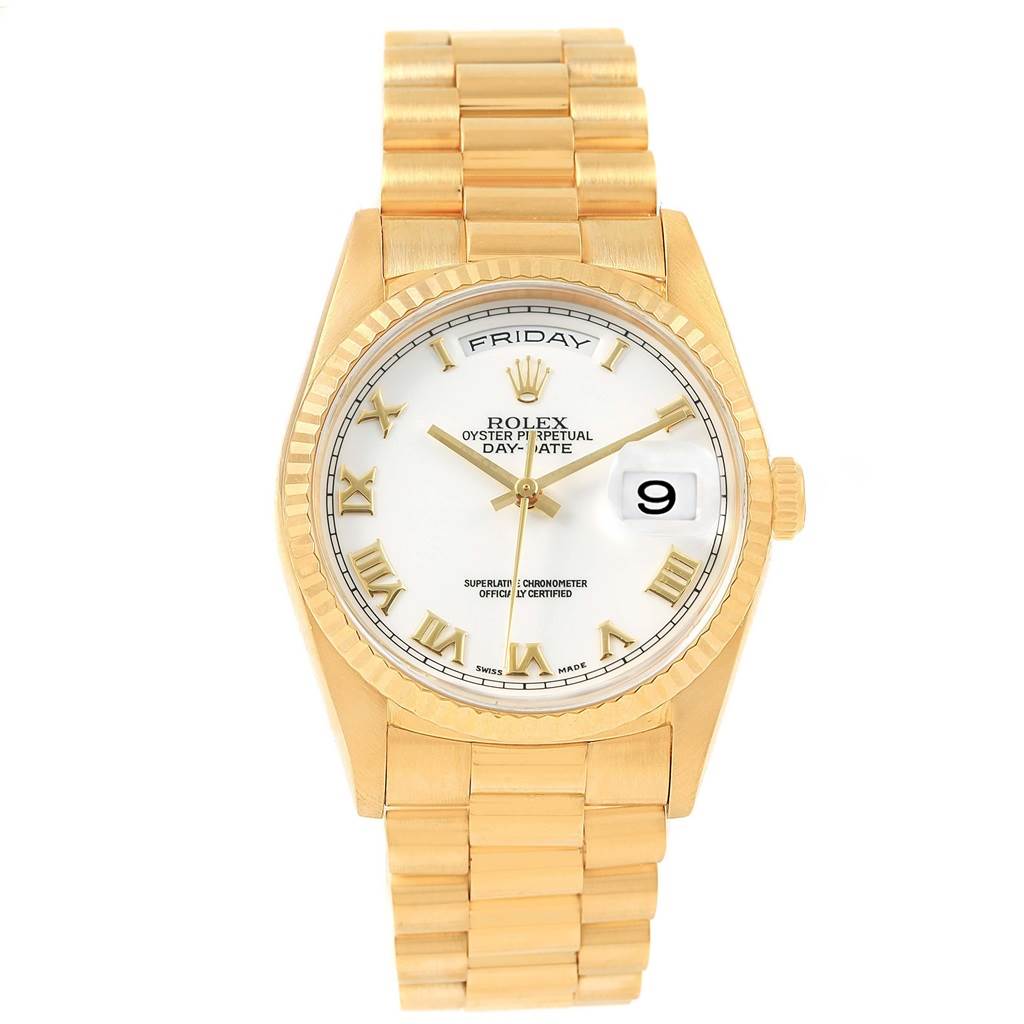 The image shows a front view of the Rolex President 18238 Men's Yellow Gold White Dial 18238 Men's Yellow Gold White Dial model watch, highlighting its dial, bezel, and bracelet.
