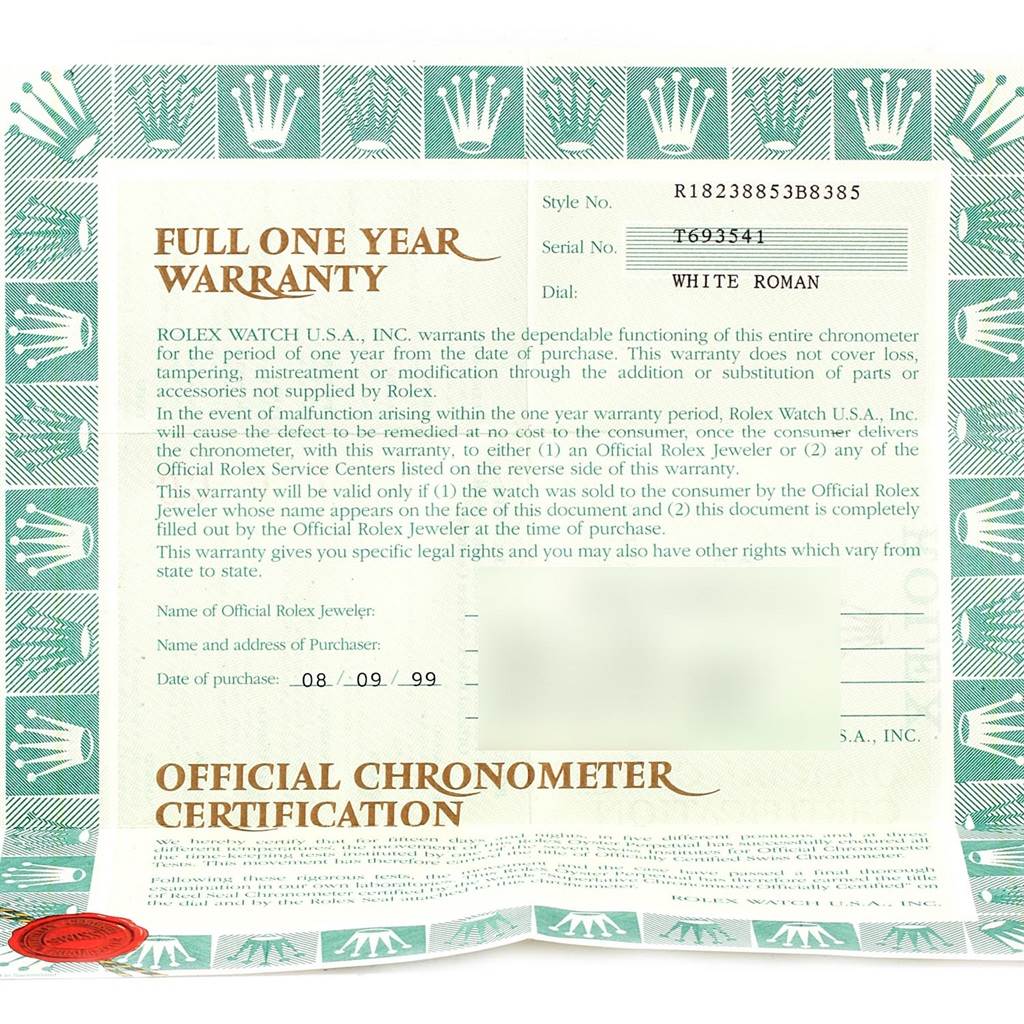 The image shows an official one-year warranty certificate for a Rolex President 18238 Men's Yellow Gold White Dial 18238 Men's Yellow Gold White Dial model watch.