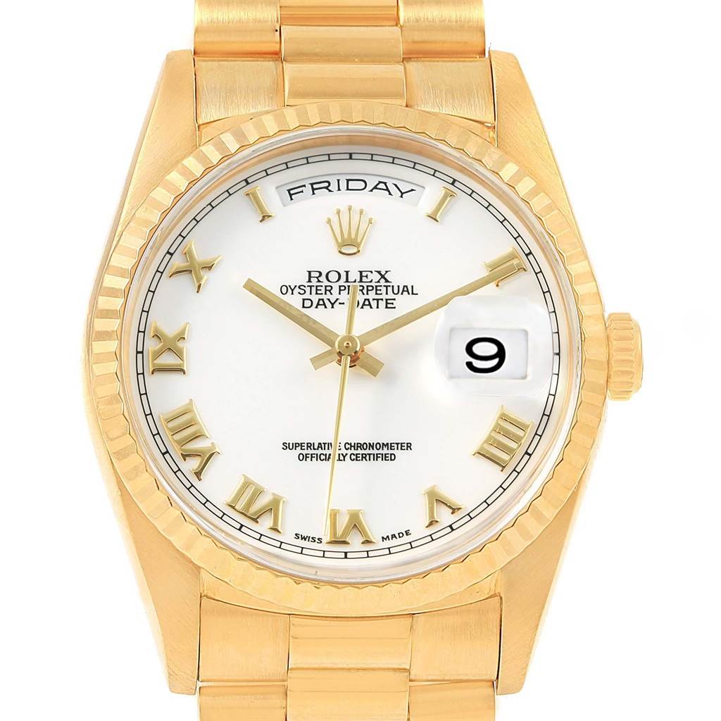The image shows a frontal view of the Rolex President 18238 Men's Yellow Gold White Dial 18238 Men's Yellow Gold White Dial watch model, highlighting its dial, bezel, and bracelet.