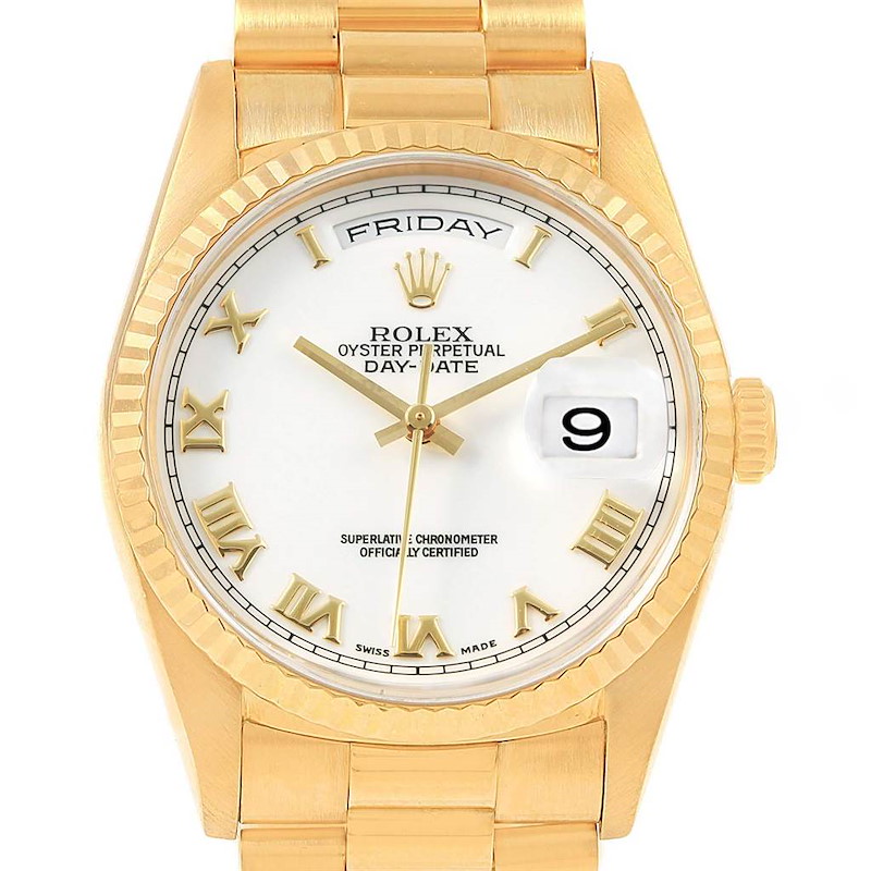 Rolex President Day-Date Yellow Gold White Dial Watch 18238 Box Papers SwissWatchExpo