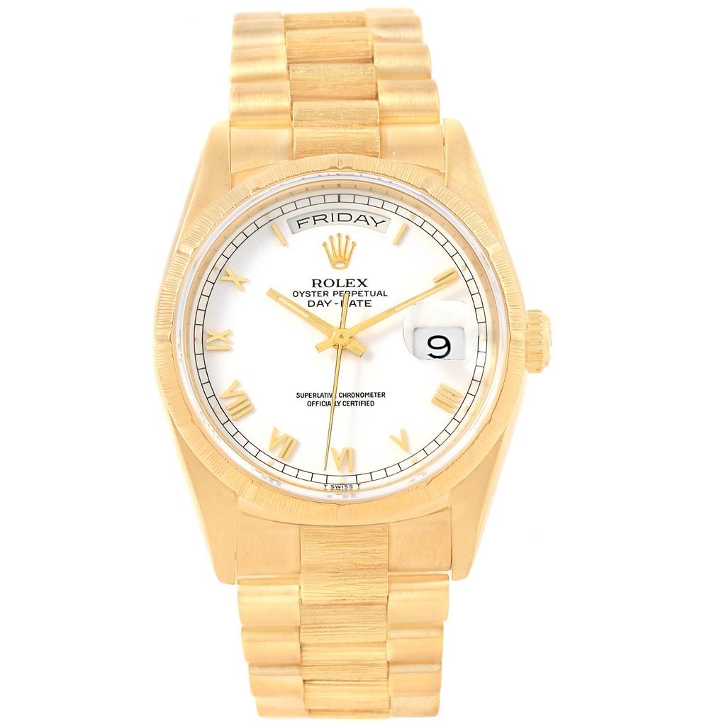 The image shows the front view of a Rolex President 18248 Men
s Yellow Gold White Dial 18248 Men
s Yellow Gold White Dial model, displaying the dial, bezel, case, and bracelet.