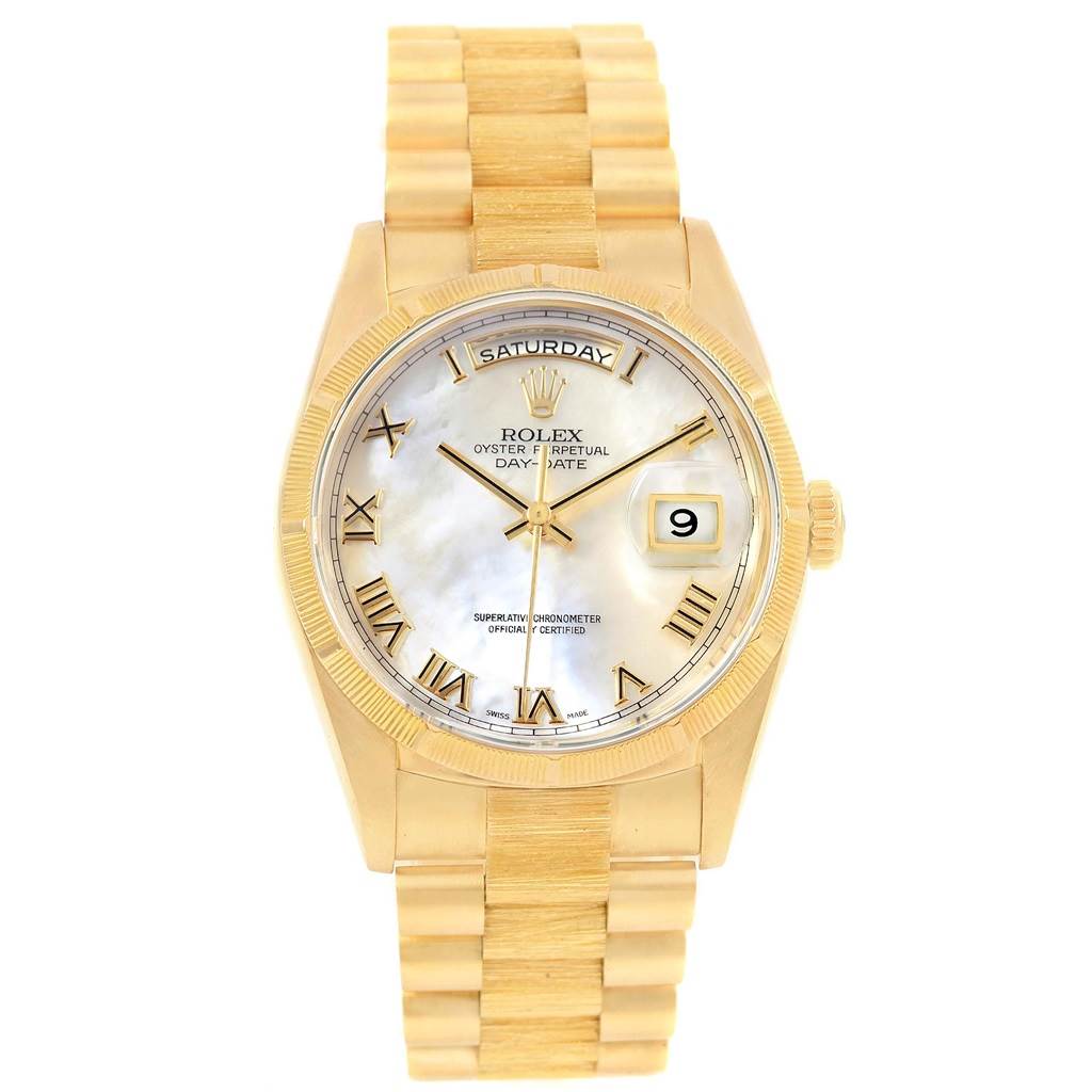 The image shows a front view of a Rolex President 18248 Men's Yellow Gold Mother of Pearl Dial 18248 Men's Yellow Gold Mother of Pearl Dial model watch, displaying its face, bracelet, and date window.