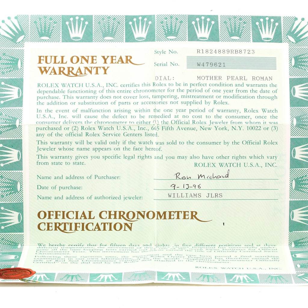 The image shows a Full One Year Warranty Card for the Rolex President 18248 Men's Yellow Gold Mother of Pearl Dial 18248 Men's Yellow Gold Mother of Pearl Dial model watch.