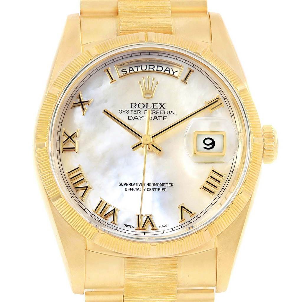 The image shows a front view of a Rolex President 18248 Men's Yellow Gold Mother of Pearl Dial 18248 Men's Yellow Gold Mother of Pearl Dial model watch, highlighting the dial, bezel, crown, and part of the bracelet.
