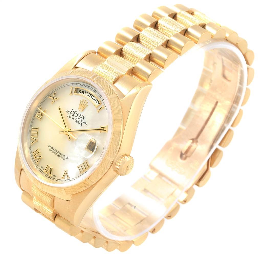 The image shows a Rolex President 18248 Men's Yellow Gold Mother of Pearl Dial 18248 Men's Yellow Gold Mother of Pearl Dial model watch at a left-front angle, featuring its gold bracelet, dial, case, bezel, and crown.