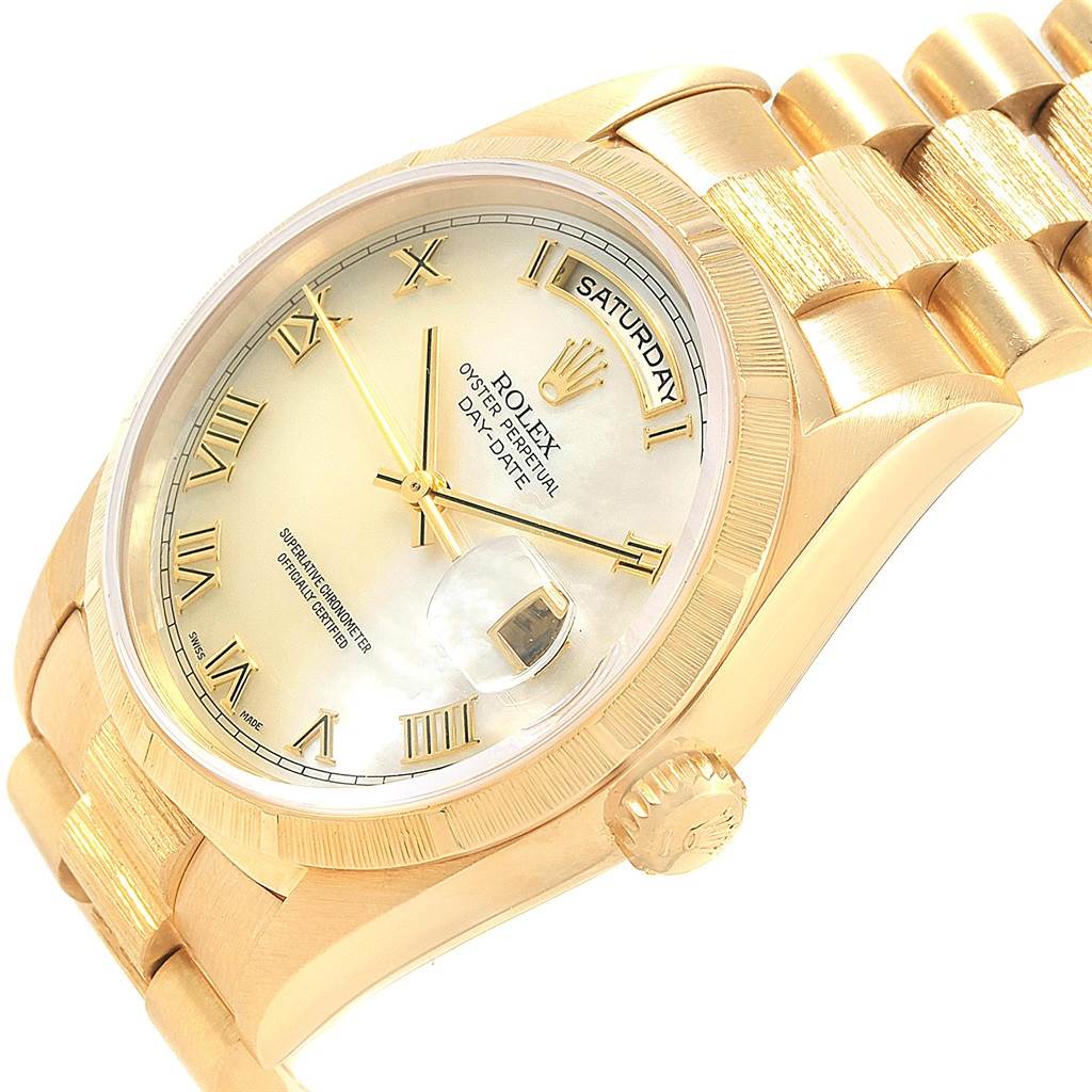 The image shows the face and bracelet of a gold Rolex President 18248 Men's Yellow Gold Mother of Pearl Dial 18248 Men's Yellow Gold Mother of Pearl Dial model watch at a slight angle.
