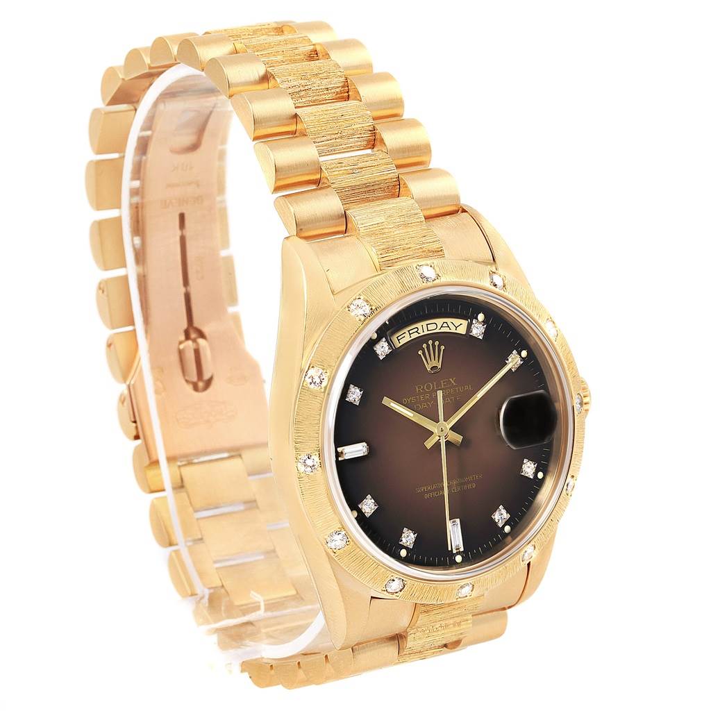 The image shows a side angle of a Rolex President 18248 Men's Yellow Gold Brown Dial 18248 Men's Yellow Gold Brown Dial model watch, highlighting its gold band, black dial, and diamond hour markers.