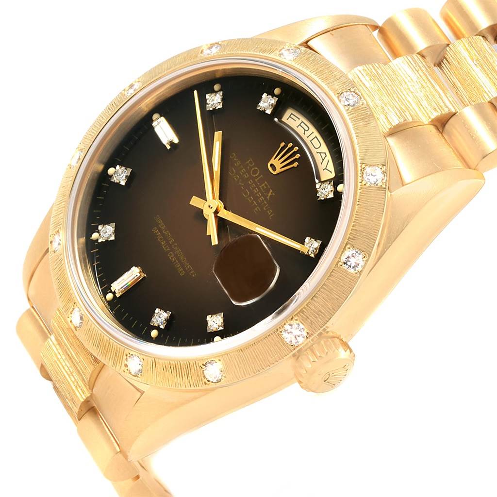 This image shows a Rolex President 18248 Men's Yellow Gold Brown Dial 18248 Men's Yellow Gold Brown Dial model watch at an angled view, highlighting the bezel, dial, day-date display, and bracelet.
