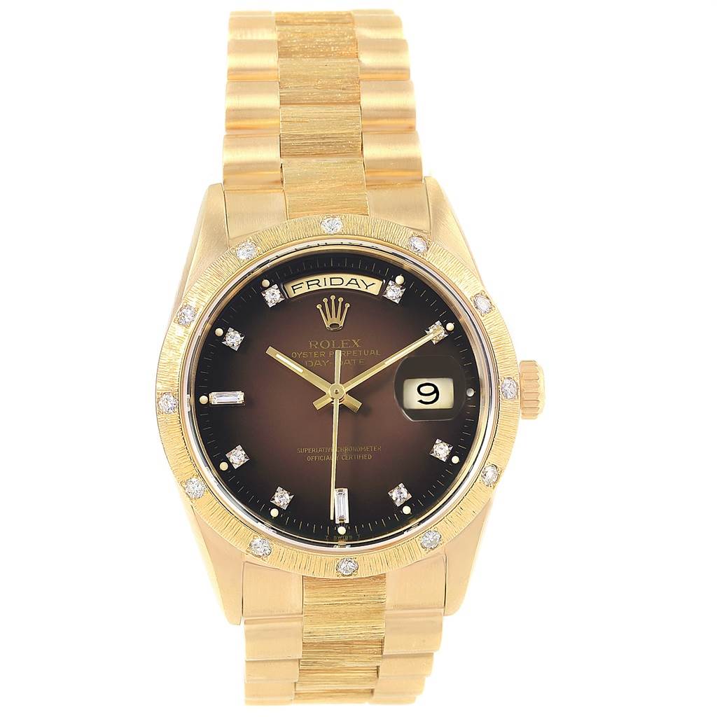 The image shows a Rolex President 18248 Men's Yellow Gold Brown Dial 18248 Men's Yellow Gold Brown Dial model watch, angled from the front to display the dial, bezel, and bracelet.