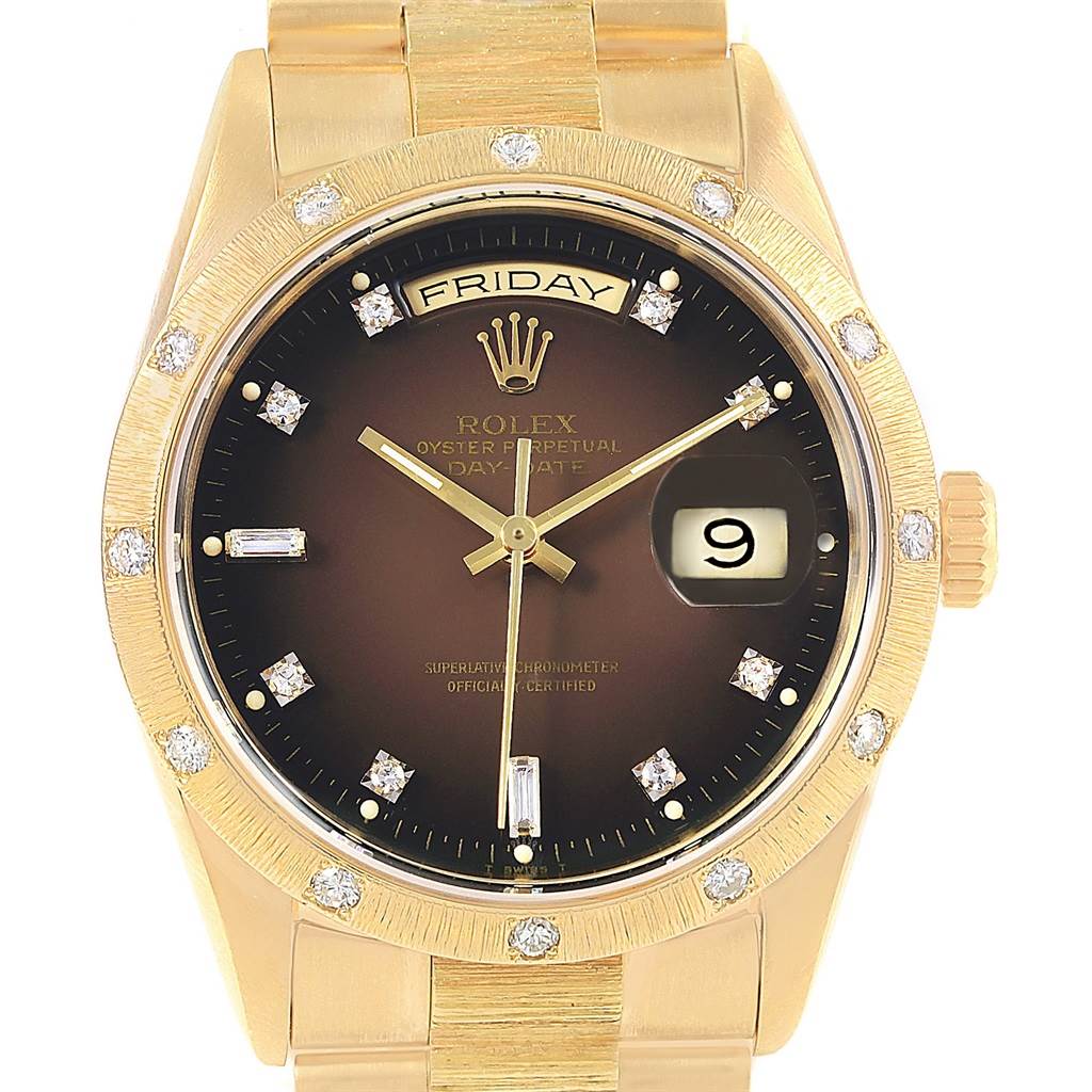 The image shows a frontal view of a Rolex President 18248 Men's Yellow Gold Brown Dial 18248 Men's Yellow Gold Brown Dial model watch, featuring a gold case, diamond-studded bezel, and day-date display.