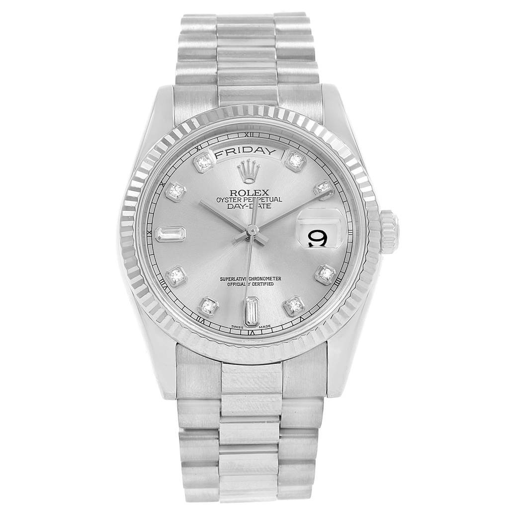 The image shows a front view of a Rolex President 118239 Men's White Gold Silver Dial 118239 Men's White Gold Silver Dial model watch, displaying the face, bracelet, and bezel.
