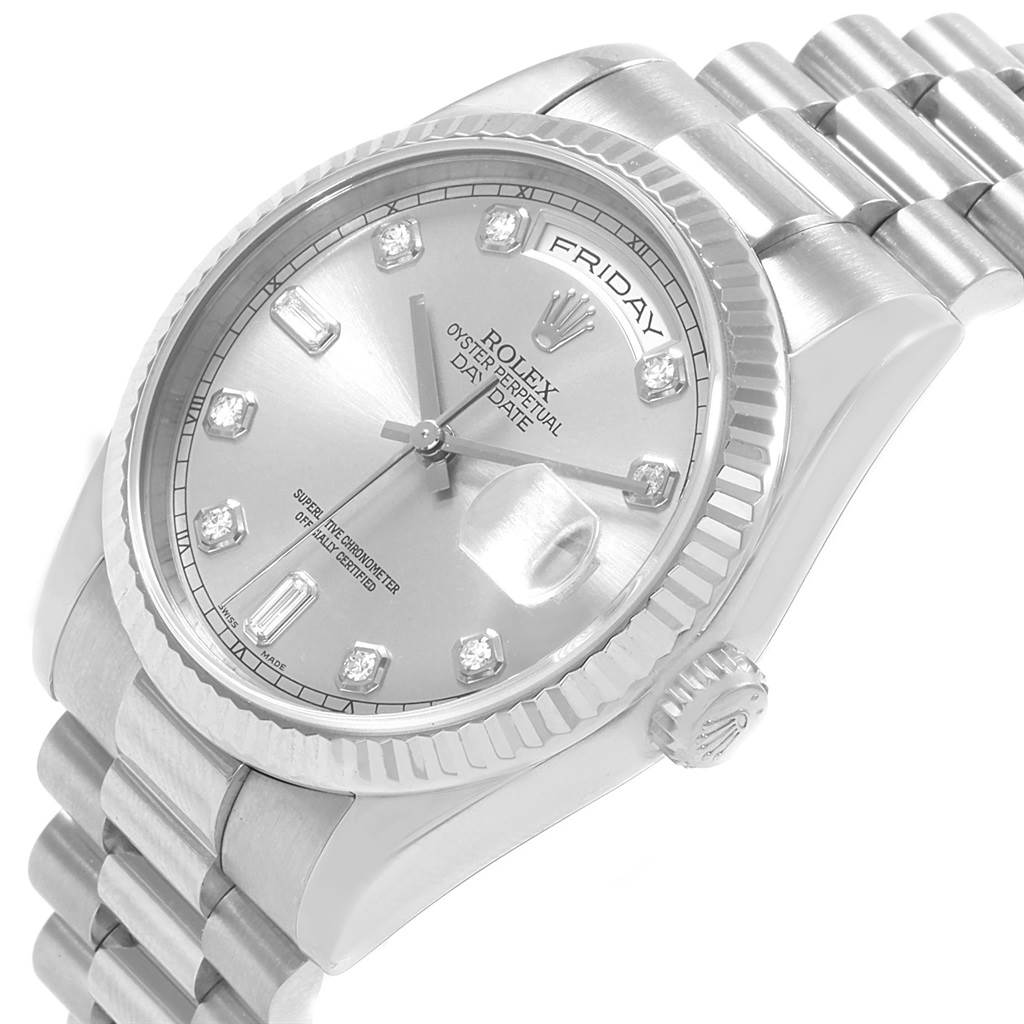 The Rolex President 118239 Men's White Gold Silver Dial 118239 Men's White Gold Silver Dial model watch is shown at an angled side view, highlighting the dial, bezel, and part of the bracelet.