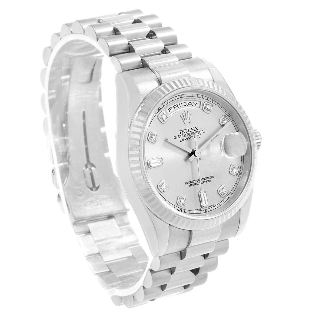 The image shows a side view of the Rolex President 118239 Men's White Gold Silver Dial 118239 Men's White Gold Silver Dial model watch, displaying its band, bezel, and face.