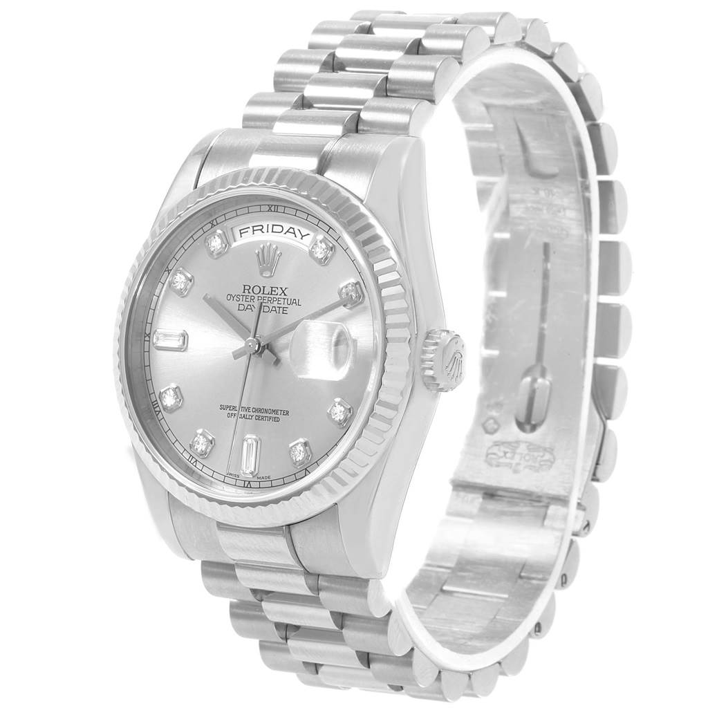 The Rolex President 118239 Men's White Gold Silver Dial 118239 Men's White Gold Silver Dial model watch is shown at an angled view, displaying the face, bracelet, and partially exposed inner clasp.