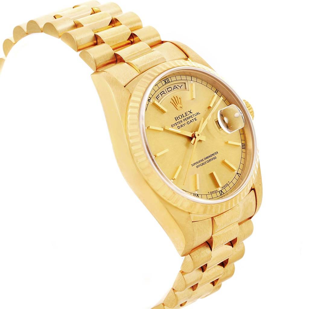 The image shows a side angle of the Rolex President 18238 Men
s Yellow Gold Champagne Dial 18238 Men
s Yellow Gold Champagne Dial model watch, highlighting its bracelet, case, dial, and day-date display.