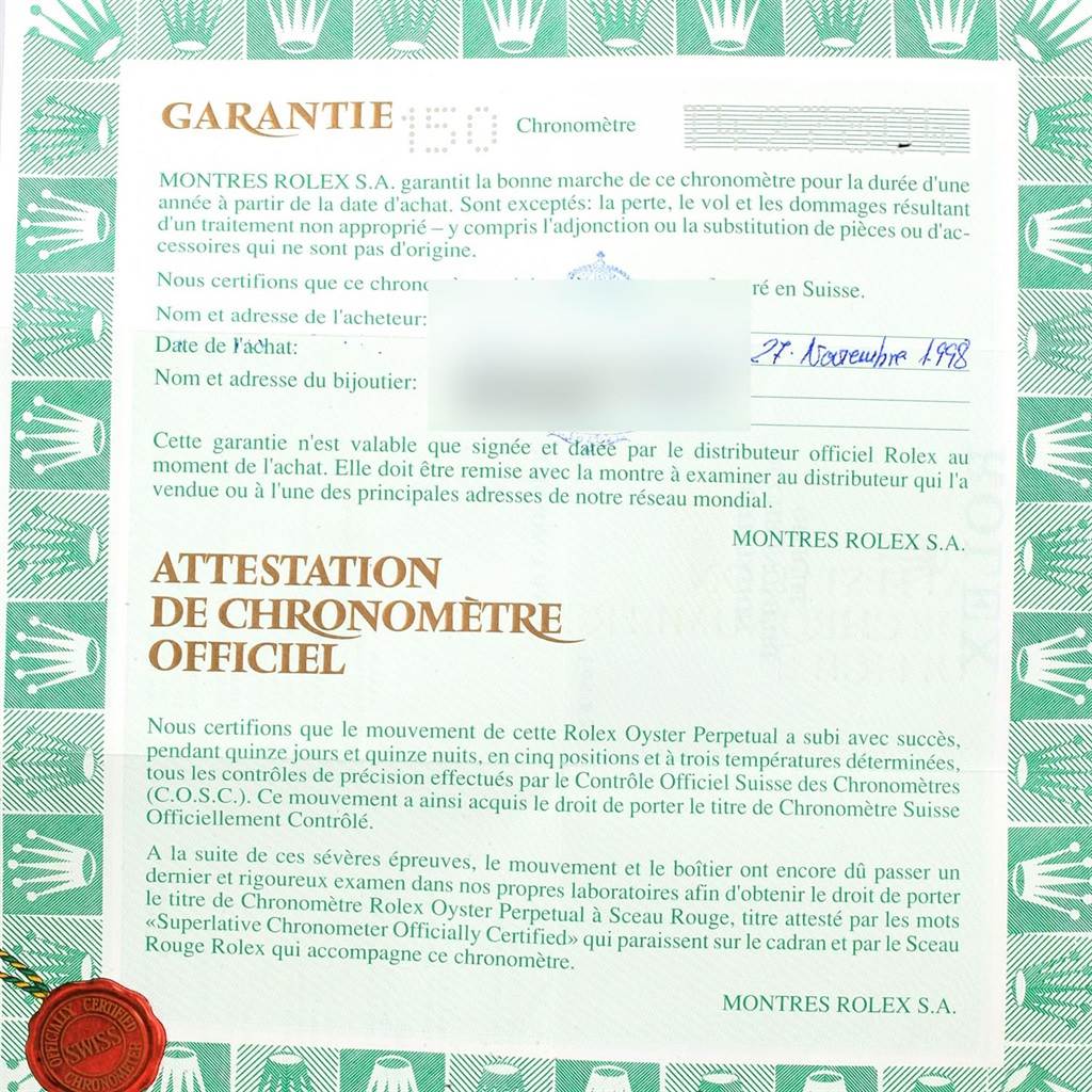 The image shows the warranty and official chronometer certification documents for a Rolex Oyster Perpetual watch.