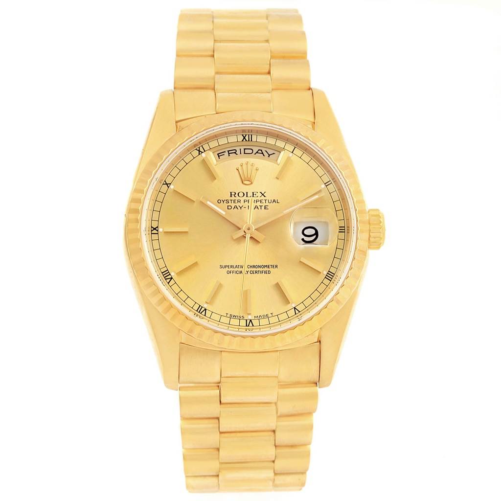 The image shows a Rolex President 18238 Men
s Yellow Gold Champagne Dial 18238 Men
s Yellow Gold Champagne Dial model watch from a front angle, highlighting the dial, bracelet, and day-date display.