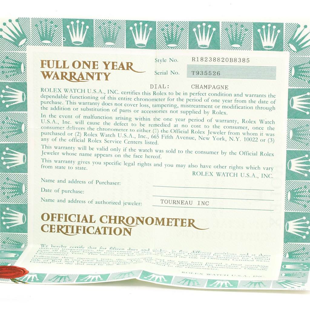 The image shows a full one-year warranty document for a Rolex President 18238 Men's Yellow Gold Champagne Dial 18238 Men's Yellow Gold Champagne Dial model watch.