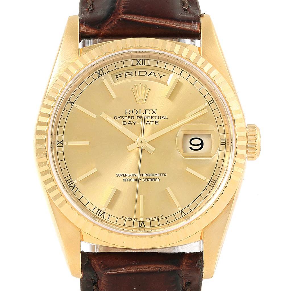 This is a frontal view of the Rolex President 18238 Men's Yellow Gold Champagne Dial 18238 Men's Yellow Gold Champagne Dial model watch, showing the dial, bezel, crown, and leather strap.