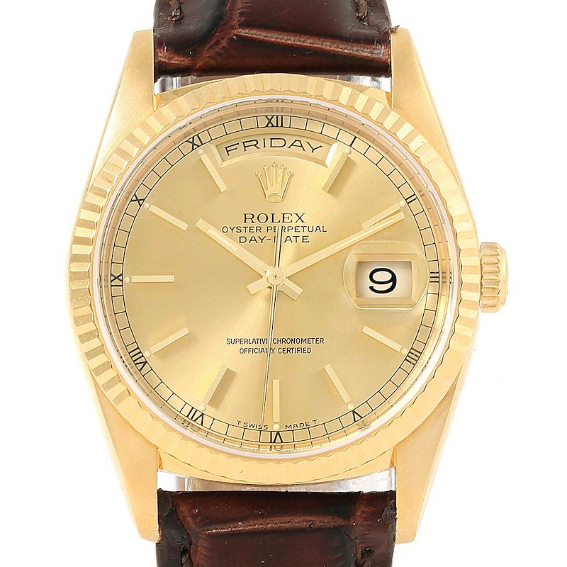 Rolex President Day-Date Yellow Gold Brown Strap Mens Watch 18238 SwissWatchExpo