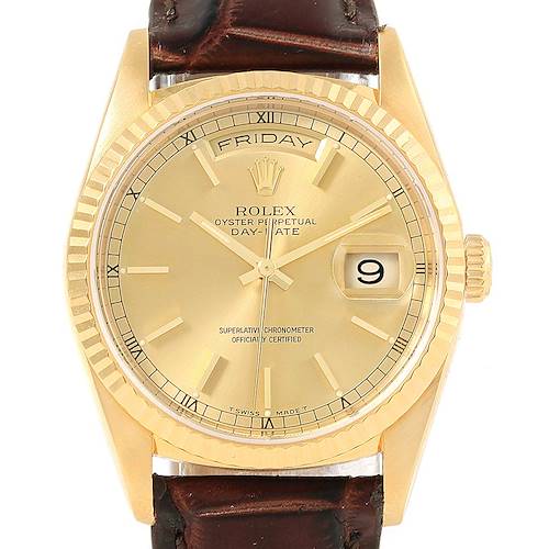 Photo of Rolex President Day-Date Yellow Gold Brown Strap Mens Watch 18238