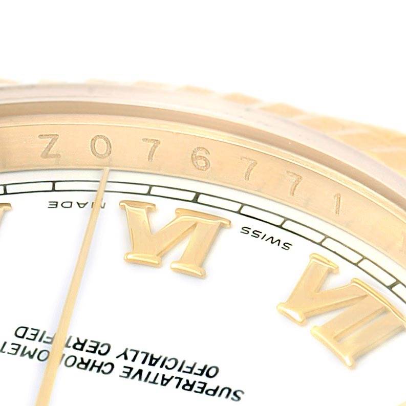 The image shows a close-up of the dial and part of the bezel of a Rolex President 118238 Men's Yellow Gold White Dial 118238 Men's Yellow Gold White Dial model watch, featuring Roman numerals.