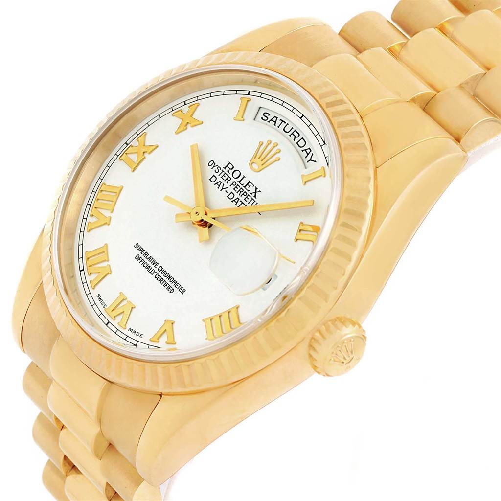 The image shows a Rolex President 118238 Men's Yellow Gold White Dial 118238 Men's Yellow Gold White Dial model watch at a slight side angle, highlighting the watch face, bracelet, and crown.
