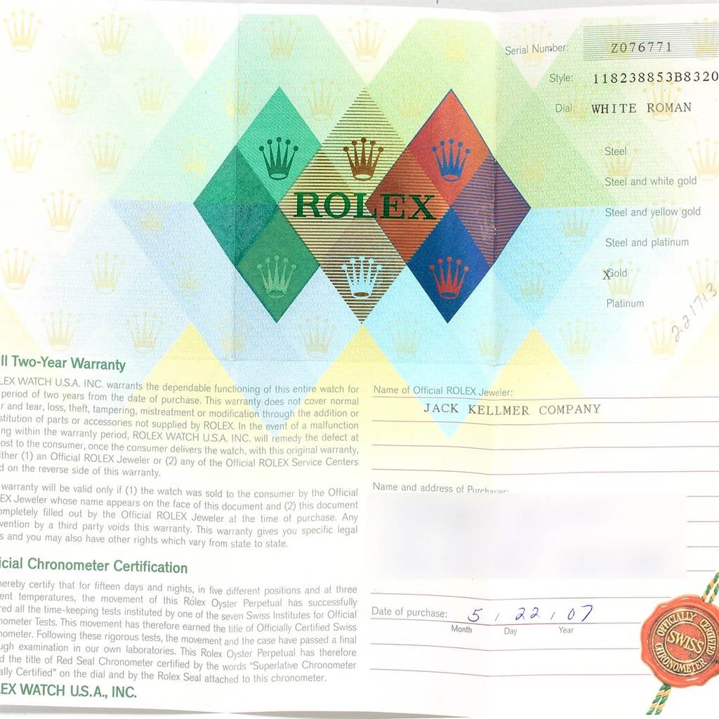 This image shows the warranty and certification paperwork for a Rolex President 118238 Men's Yellow Gold White Dial 118238 Men's Yellow Gold White Dial model watch.