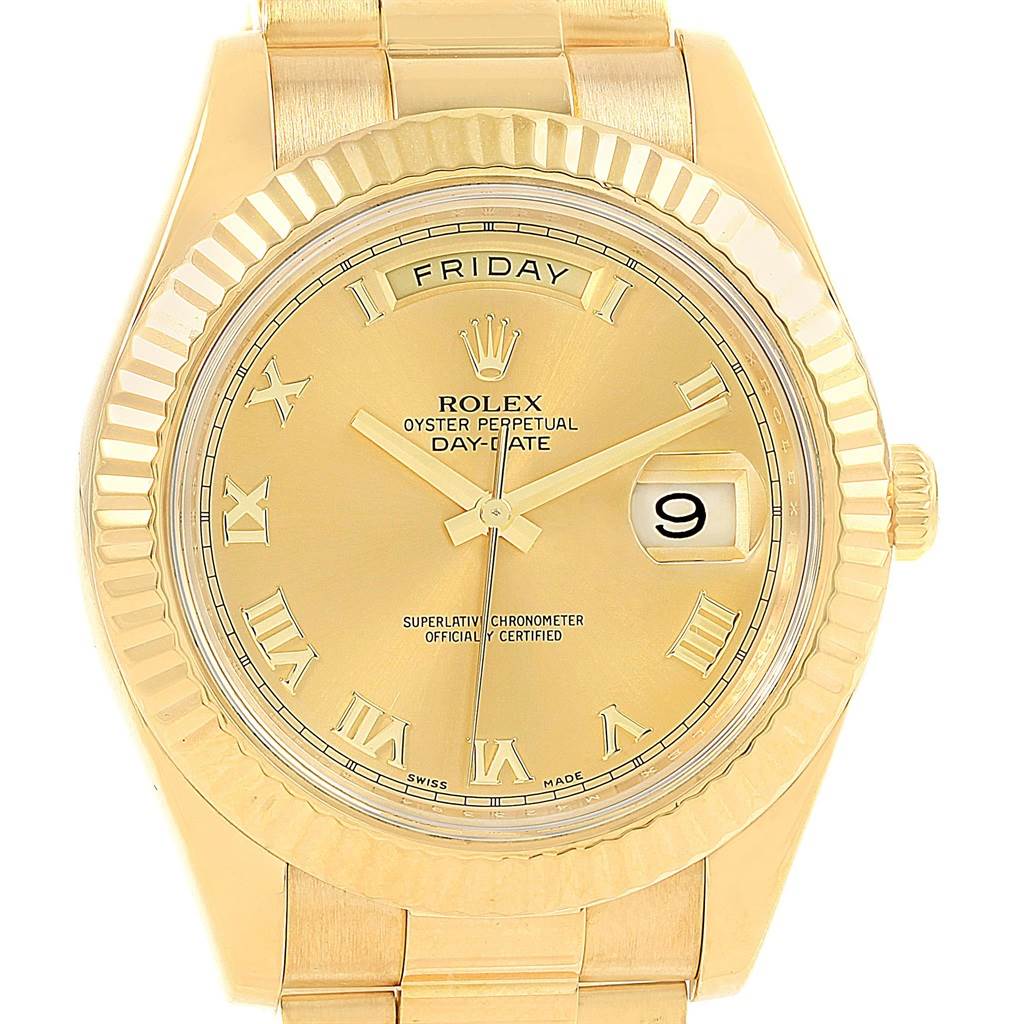 This Rolex President 218238 Men's Yellow Gold Champagne Dial 218238 Men's Yellow Gold Champagne Dial model watch is shown from a front angle, displaying the dial, hands, day, date, crown, and bracelet.