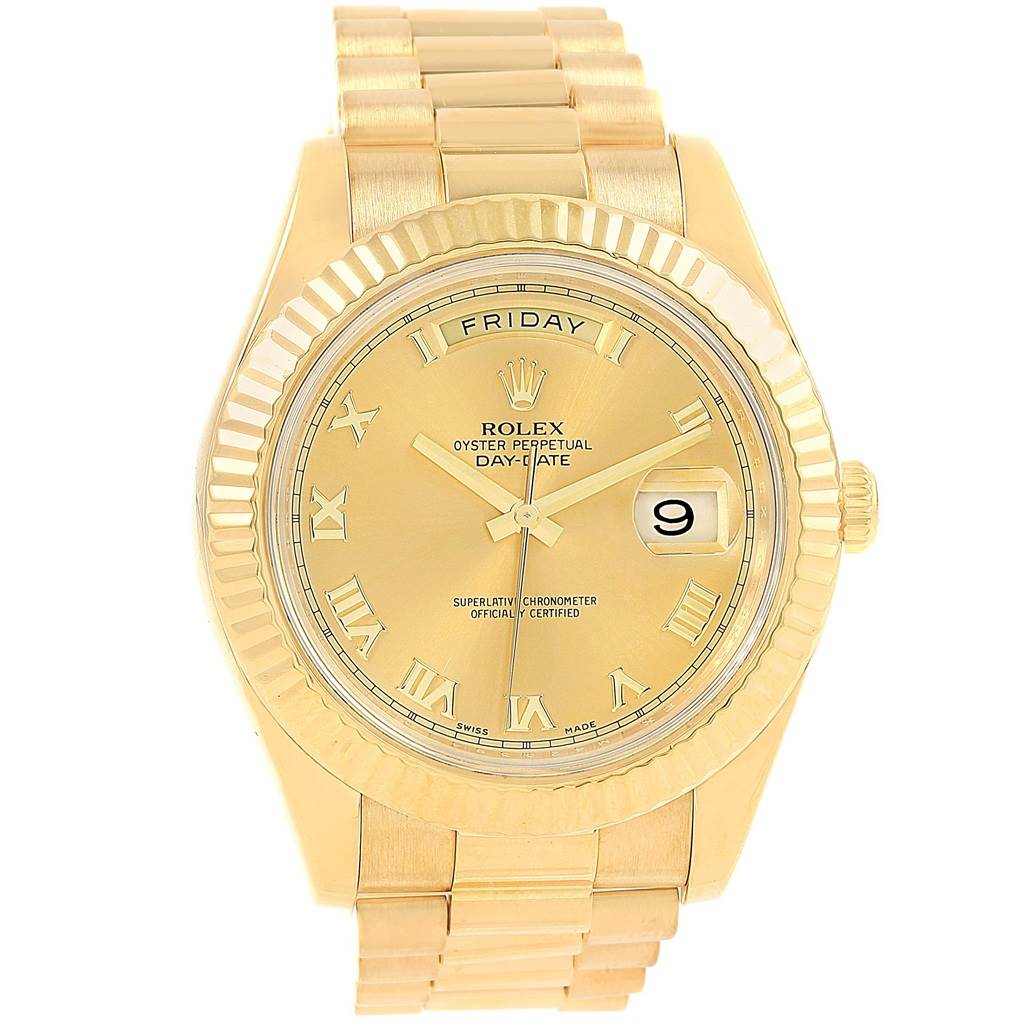 The image shows a front view of the Rolex President 218238 Men's Yellow Gold Champagne Dial 218238 Men's Yellow Gold Champagne Dial model, featuring the watch face, bezel, and part of the bracelet.