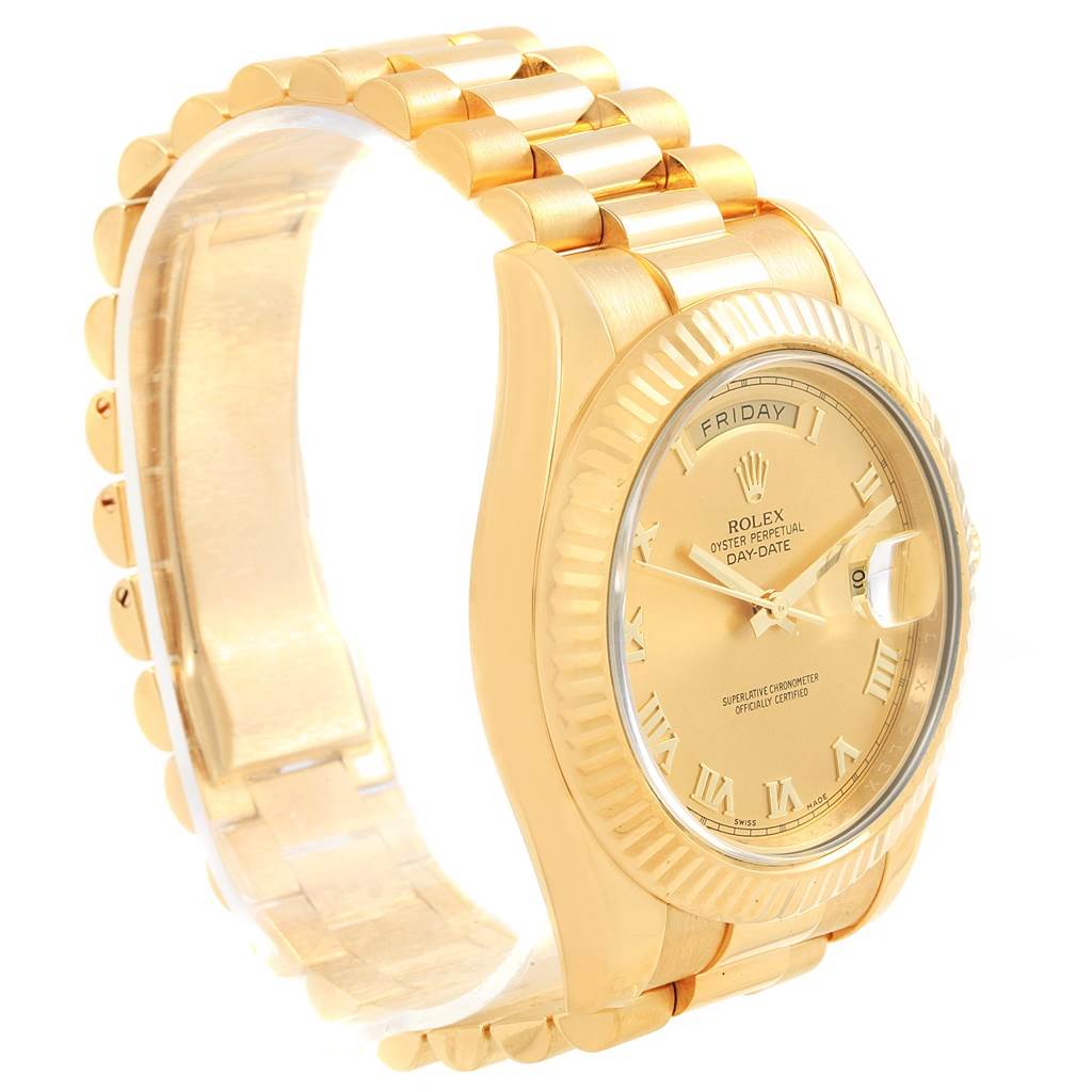 The photo shows the Rolex President 218238 Men's Yellow Gold Champagne Dial 218238 Men's Yellow Gold Champagne Dial model watch at a three-quarter angle, highlighting its gold bracelet, face, and fluted bezel.