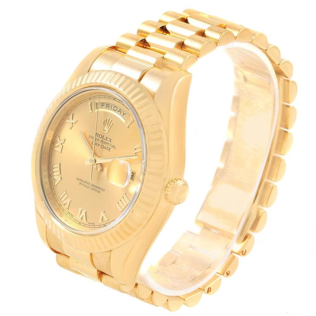 The image shows a Rolex President 218238 Men's Yellow Gold Champagne Dial 218238 Men's Yellow Gold Champagne Dial model watch from a left-side angle, highlighting the dial, bezel, and part of the bracelet.