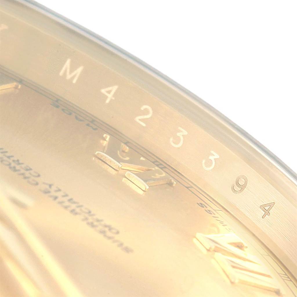 The image shows a close-up angle of the dial and chapter ring of a Rolex President 218238 Men's Yellow Gold Champagne Dial 218238 Men's Yellow Gold Champagne Dial model watch.