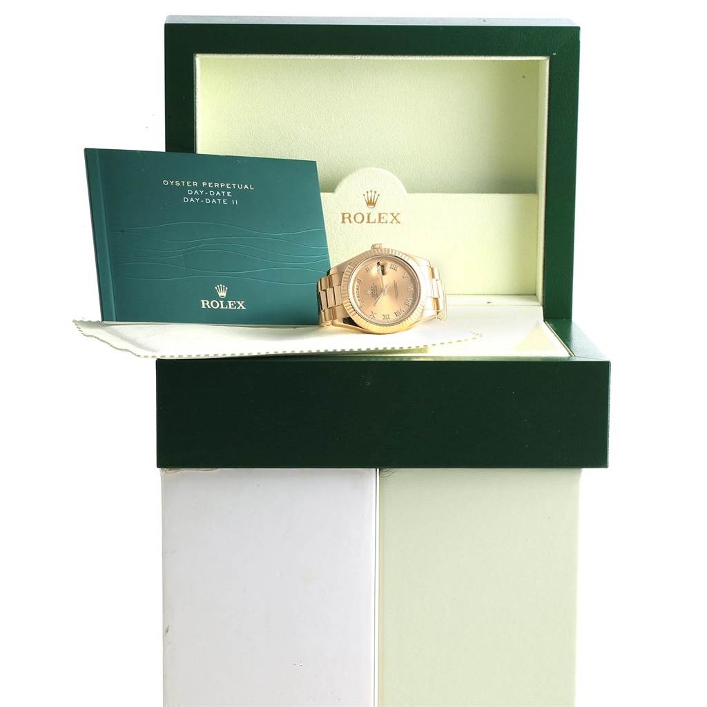 The image shows a Rolex President 218238 Men's Yellow Gold Champagne Dial 218238 Men's Yellow Gold Champagne Dial model watch, face front, in its box with accompanying documentation.