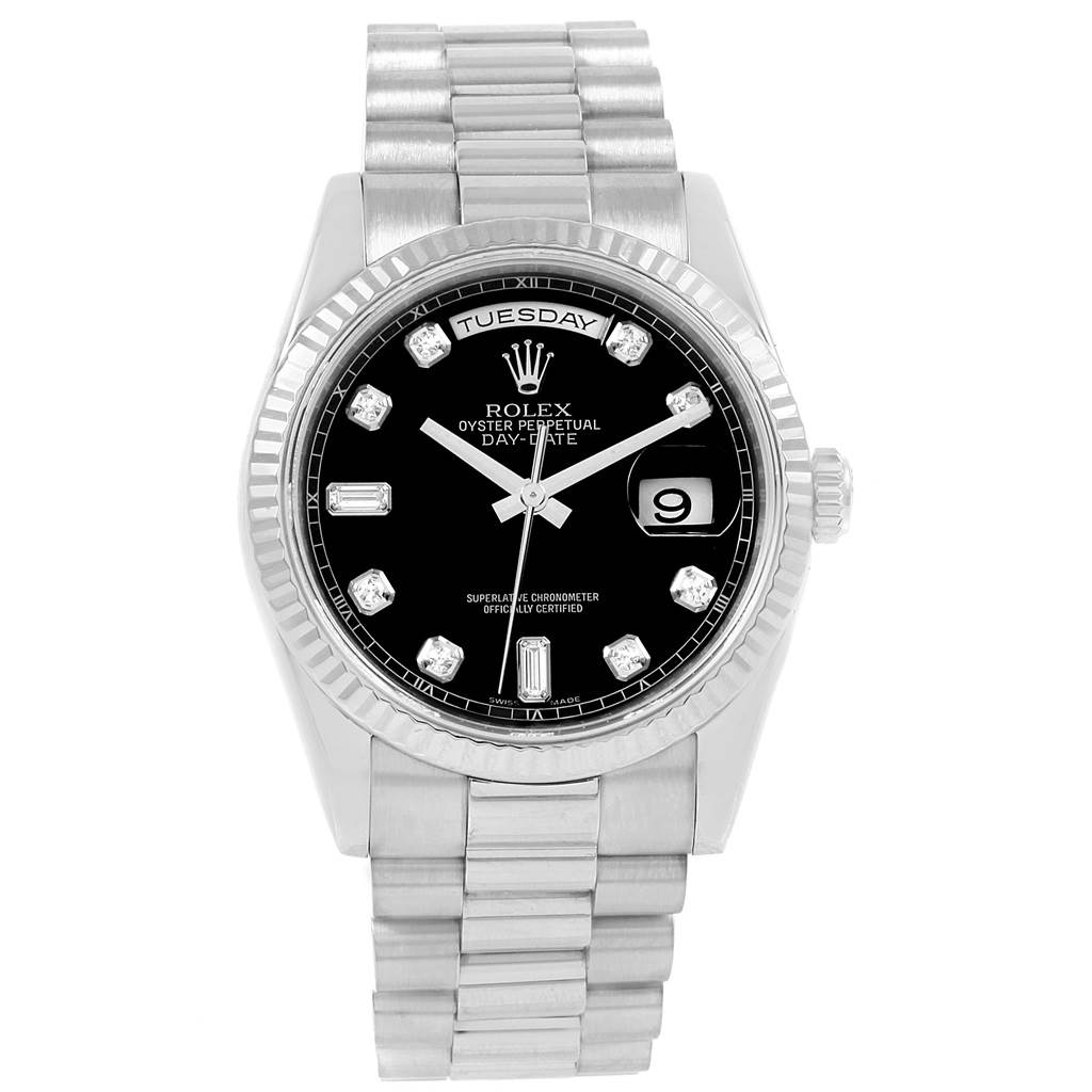 The image shows a frontal view of a Rolex President 118239 Men's White Gold Black Dial 118239 Men's White Gold Black Dial model watch, featuring the dial, bezel, and part of the bracelet.