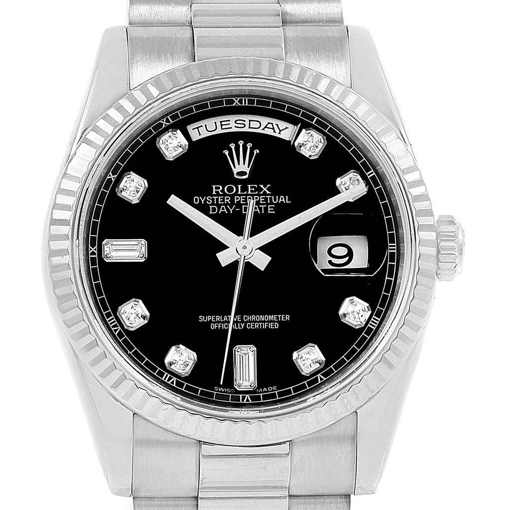 The image shows the front view of a Rolex President 118239 Men's White Gold Black Dial 118239 Men's White Gold Black Dial model watch, highlighting the day, date, and diamond hour markers.