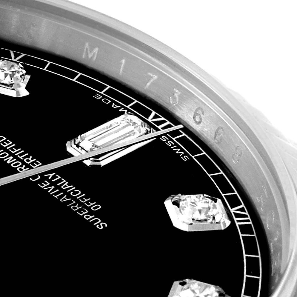 The image shows a close-up angle of the dial and bezel of a Rolex President 118239 Men's White Gold Black Dial 118239 Men's White Gold Black Dial model watch, highlighting the diamond hour markers and part of the seconds hand.