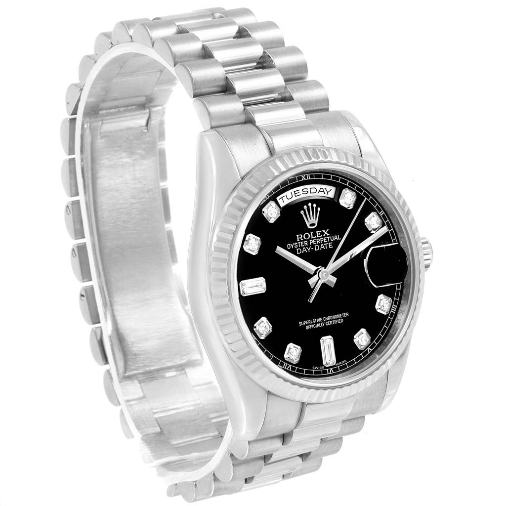 This Rolex President 118239 Men's White Gold Black Dial 118239 Men's White Gold Black Dial watch is shown at a three-quarter angle, displaying the bezel, dial, bracelet, and part of the crown.