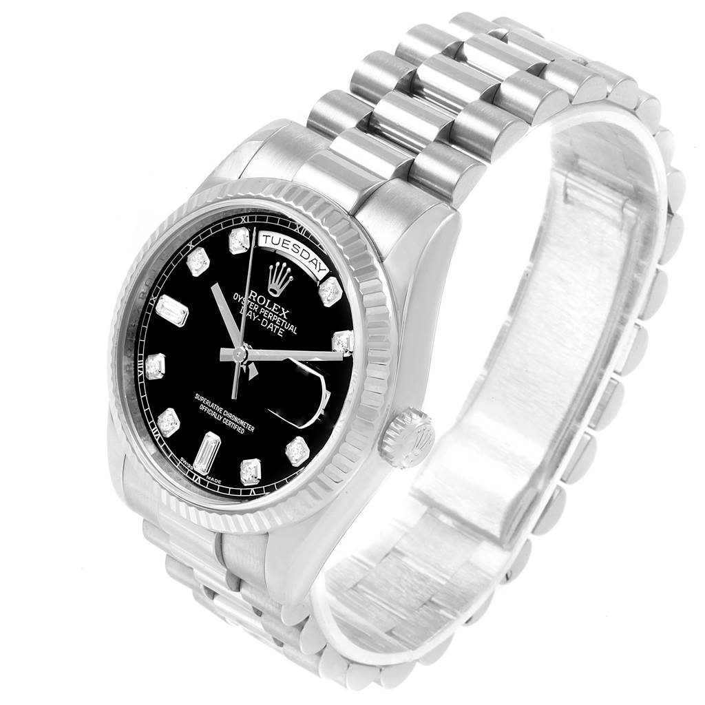 The image shows a Rolex President 118239 Men's White Gold Black Dial 118239 Men's White Gold Black Dial model watch at a three-quarter angle, highlighting its dial, bezel, case, and bracelet.