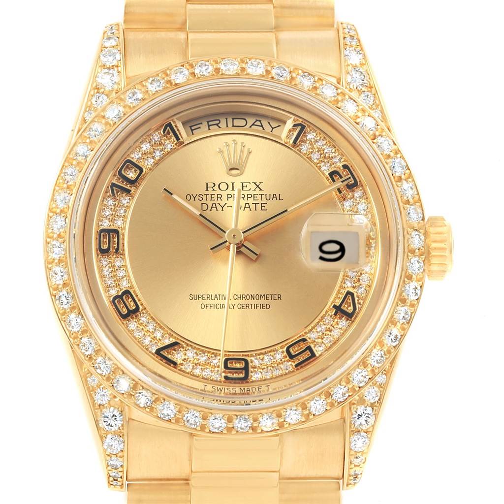 The image shows a frontal view of a Rolex President 18388 Men
s Yellow Gold Champagne Dial 18388 Men
s Yellow Gold Champagne Dial model watch with its gold dial, diamond bezel, and bracelet.
