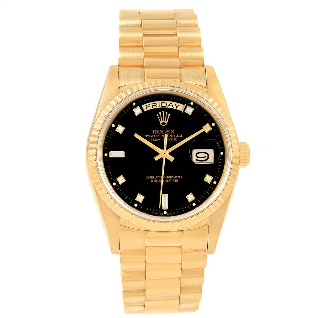 The Rolex President 18038 Men's Yellow Gold Black Dial 18038 Men's Yellow Gold Black Dial watch is shown from a top-down angle displaying the dial, bezel, and bracelet.