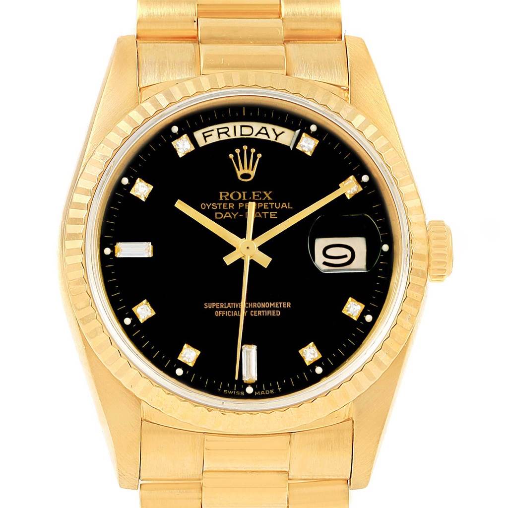 This image shows a front view of the Rolex President 18038 Men's Yellow Gold Black Dial 18038 Men's Yellow Gold Black Dial model, displaying the bracelet, bezel, dial, and day-date complications.