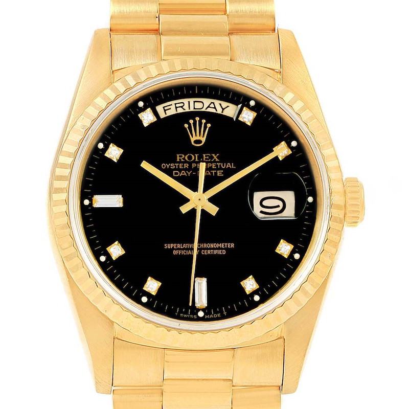 Rolex President Day-Date Yellow Gold Black Dial Diamond Watch 18038 SwissWatchExpo