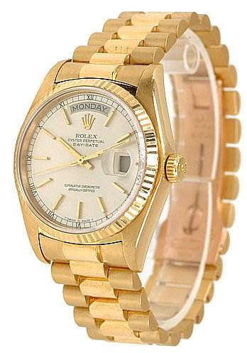 The Rolex President 18038 Men's Yellow Gold Silver Dial 18038 Men's Yellow Gold Silver Dial model watch is shown at a slight angle, displaying the face, bezel, crown, and part of the bracelet.