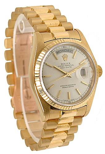 The image shows a side and front view of the Rolex President 18038 Men's Yellow Gold Silver Dial 18038 Men's Yellow Gold Silver Dial model watch, highlighting its gold casing and bracelet.