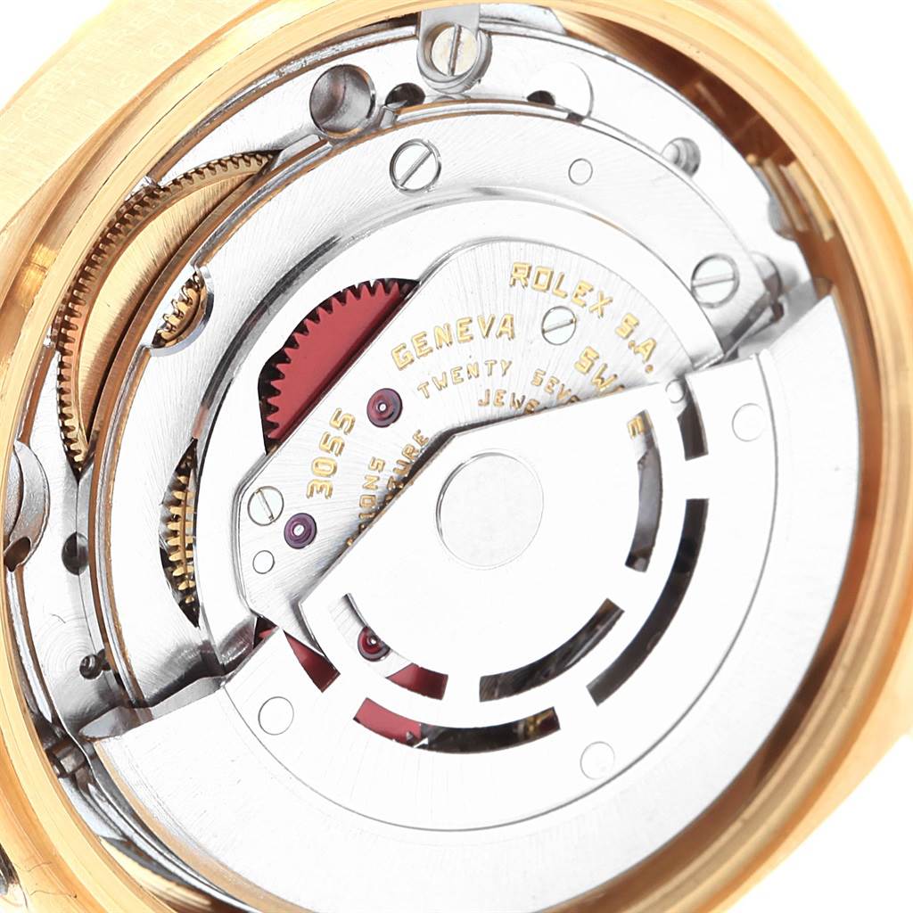 The image shows the internal mechanical movement of a Rolex President 18078 Men
s Yellow Gold Champagne Dial 18078 Men
s Yellow Gold Champagne Dial model watch, viewed from the back.
