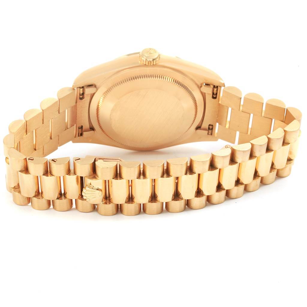 The image shows the back and side angle of the Rolex President 18238 Men's Yellow Gold Black Dial 18238 Men's Yellow Gold Black Dial model watch, focusing on its gold case and bracelet.