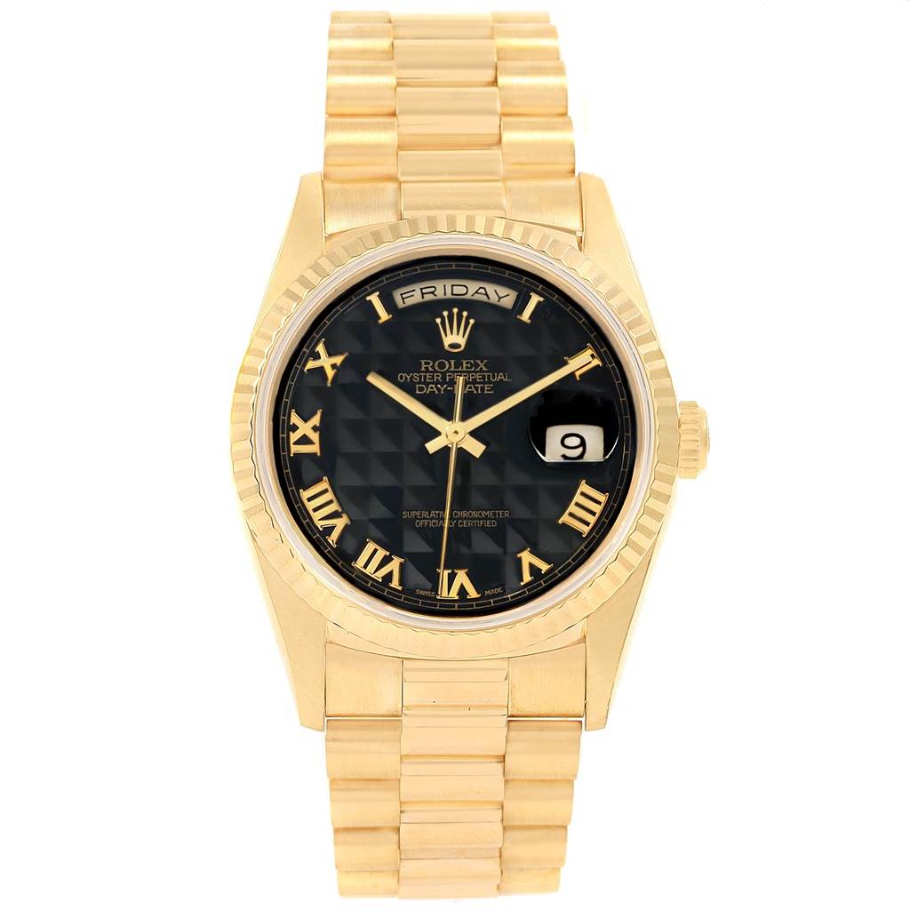 The image shows a front view of a Rolex President 18238 Men's Yellow Gold Black Dial 18238 Men's Yellow Gold Black Dial model watch, displaying the dial, bezel, and bracelet.
